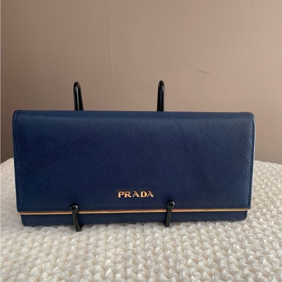 PRADA Saffiano Metal Bar Continental Wallet in Bluette - EUC